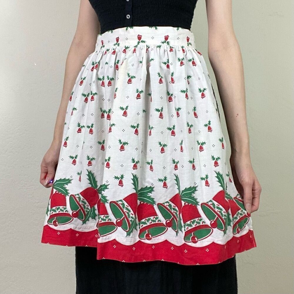 Vintage Christmas Xmas Holiday Holly Bell Pattern Half Apron Size S